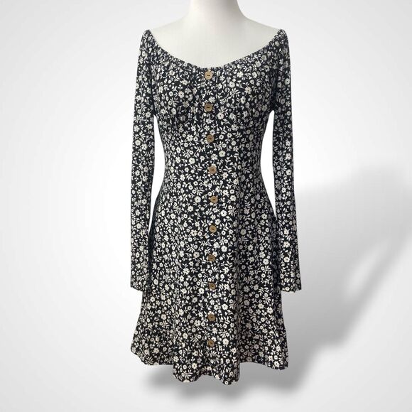 Derek Heart Floral Mini Dress Women Size L Black White Babydoll Off Shoulder - Picture 1 of 7
